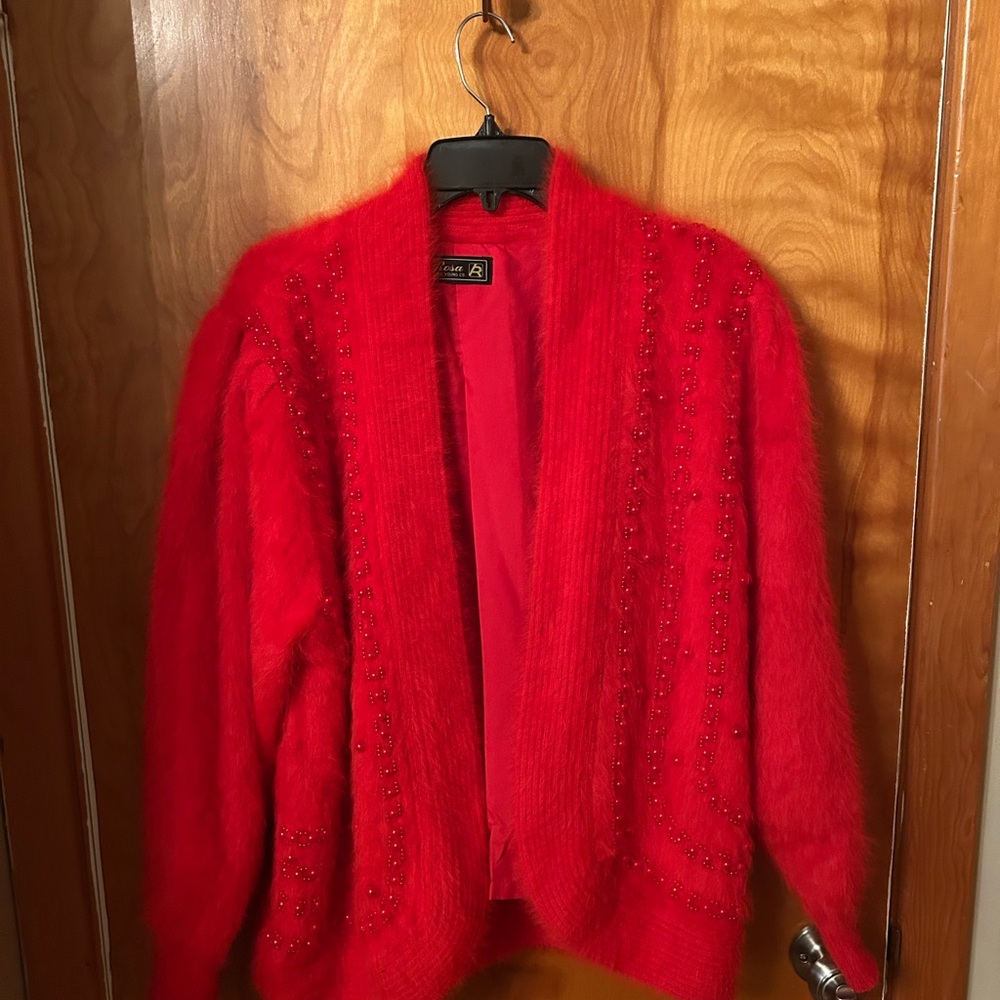 St. John Vibrant Red Beaded Sweater